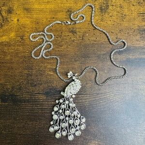 Silver Peacock Rhinestone Pendant Necklace